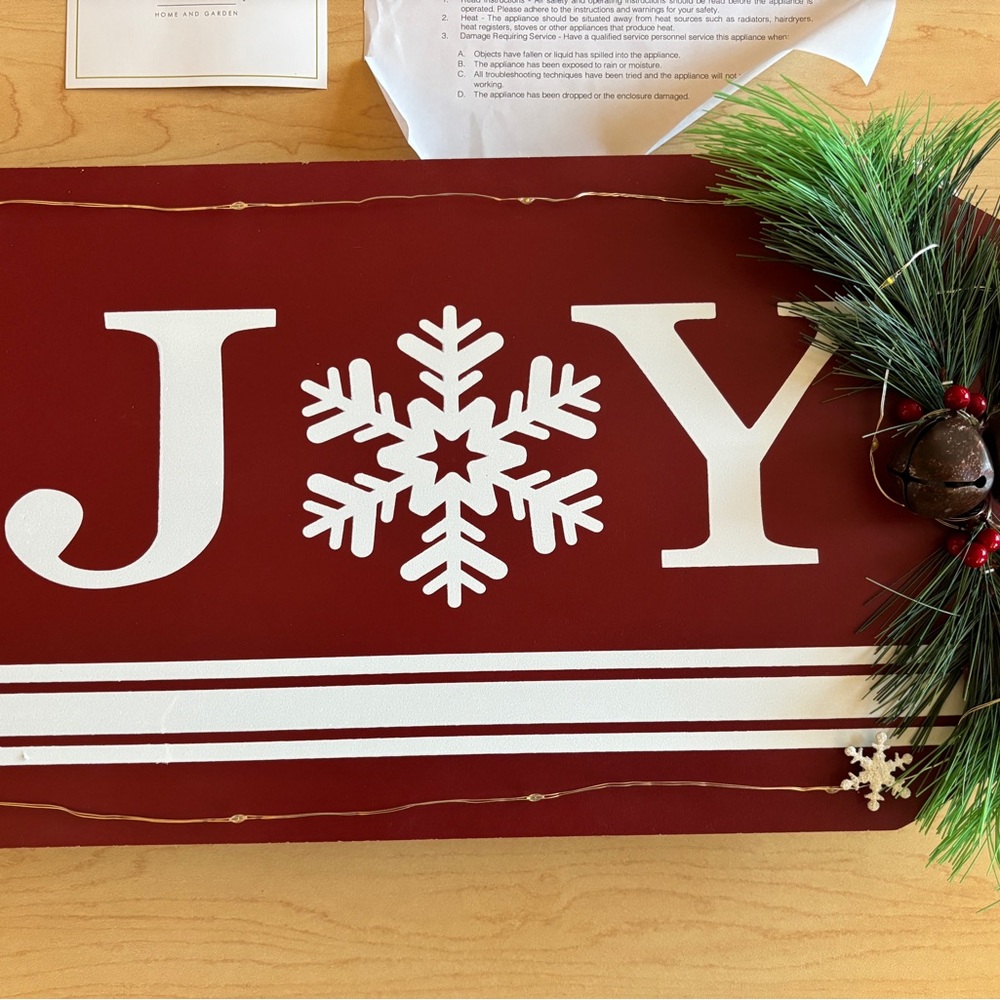 Festive JOY wooden Sign with Snowflake Design and light up